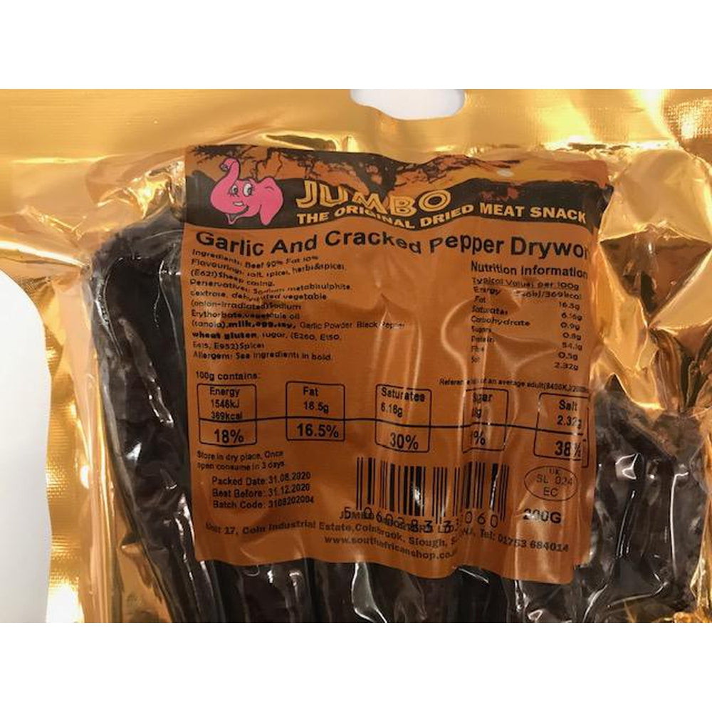 Drywors Garlic and Cracked Pepper 200g-Biltong Vacuum Sealed Bags-South African Store London